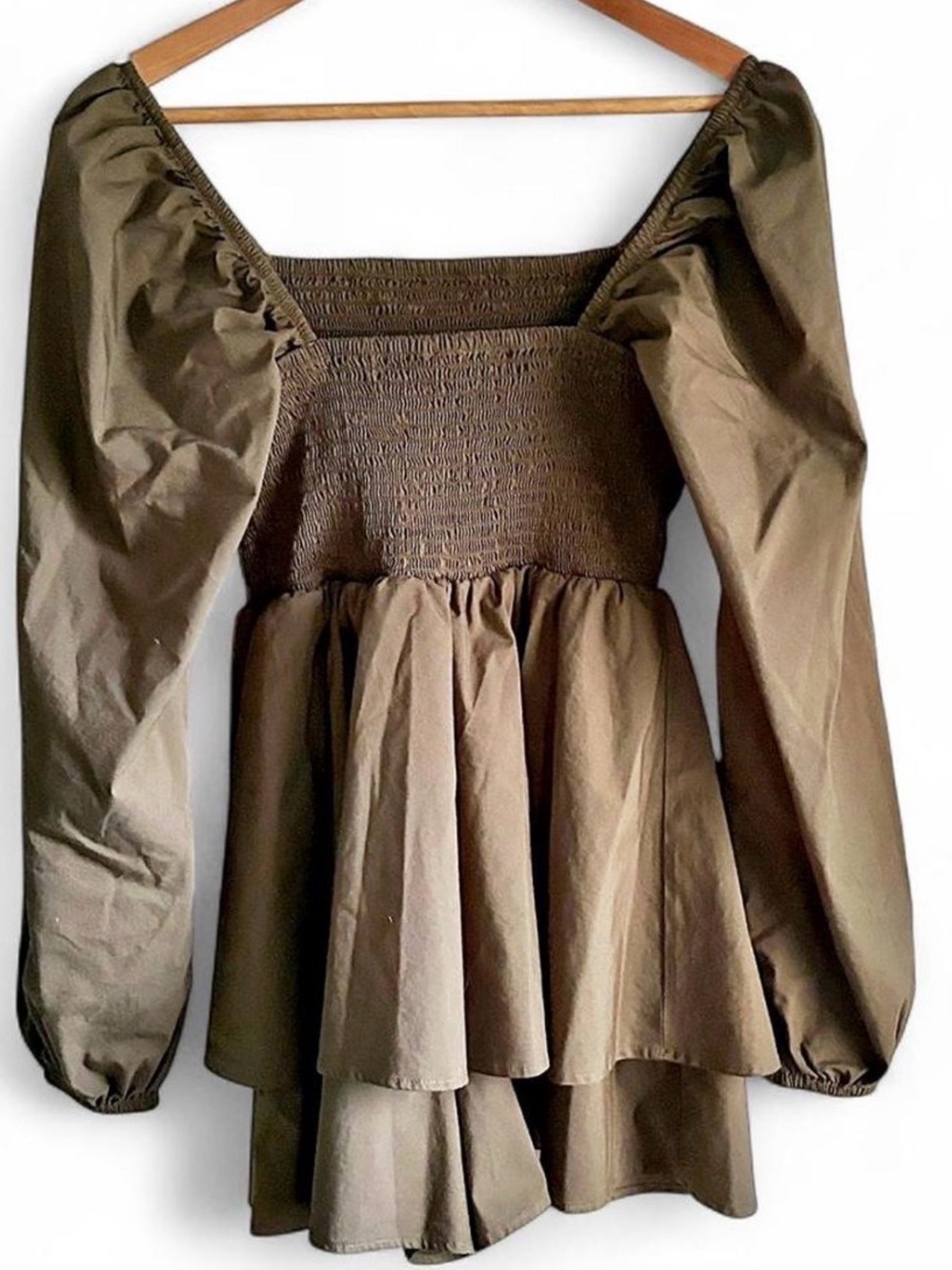 Express Olive Green Smocked Babydoll Dress Puff Sleeve - Picture 2 of 7